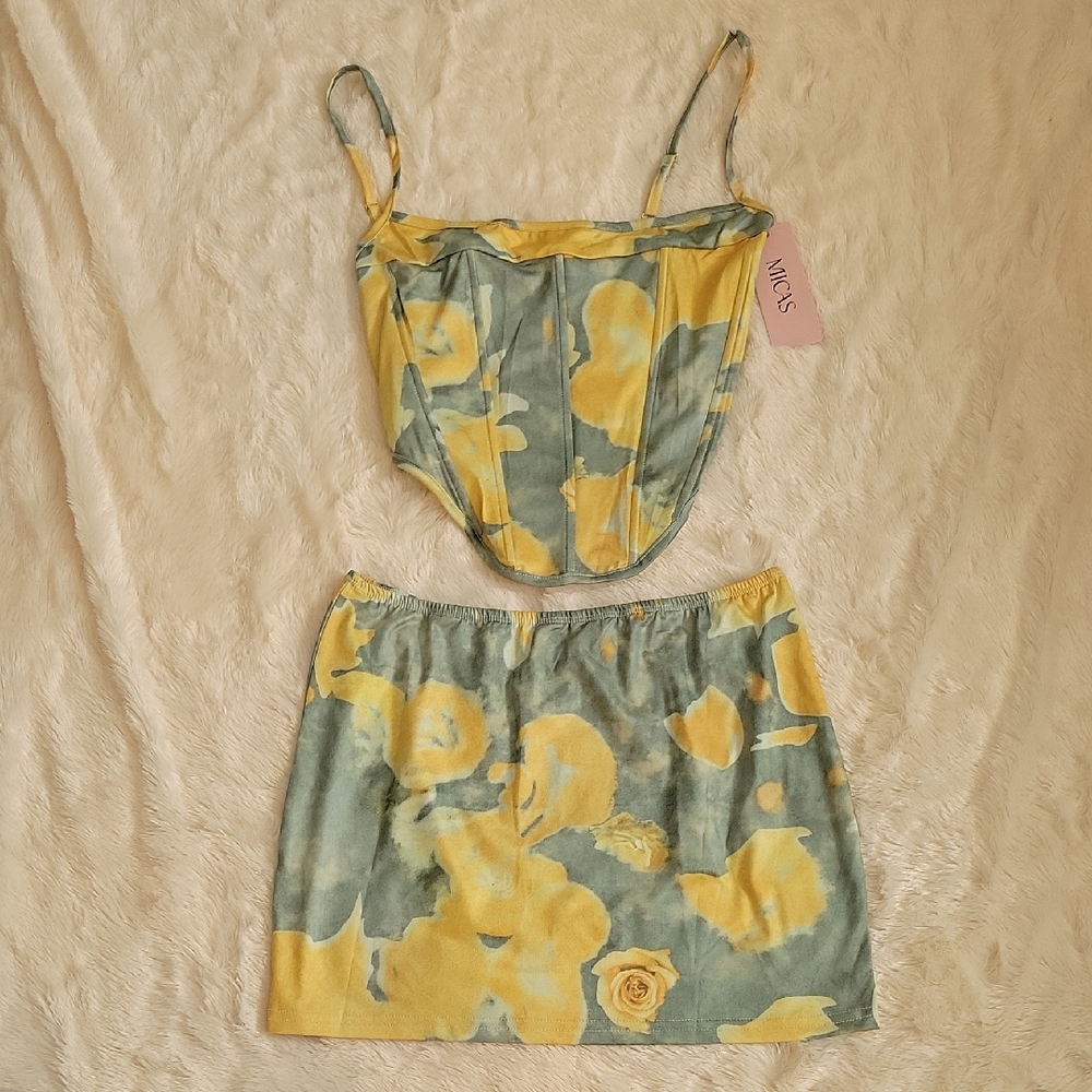 Yellow and Green Floral Skirt Set